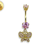 Belly Piercing, Belly Ring - Gold Plated Butterfly Dangle Belly Bar studded with CZ Crystals - 14G length is 10mm