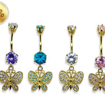 Belly Piercing, Belly Ring - Gold Plated Butterfly Dangle Belly Bar studded with CZ Crystals - 14G length is 10mm