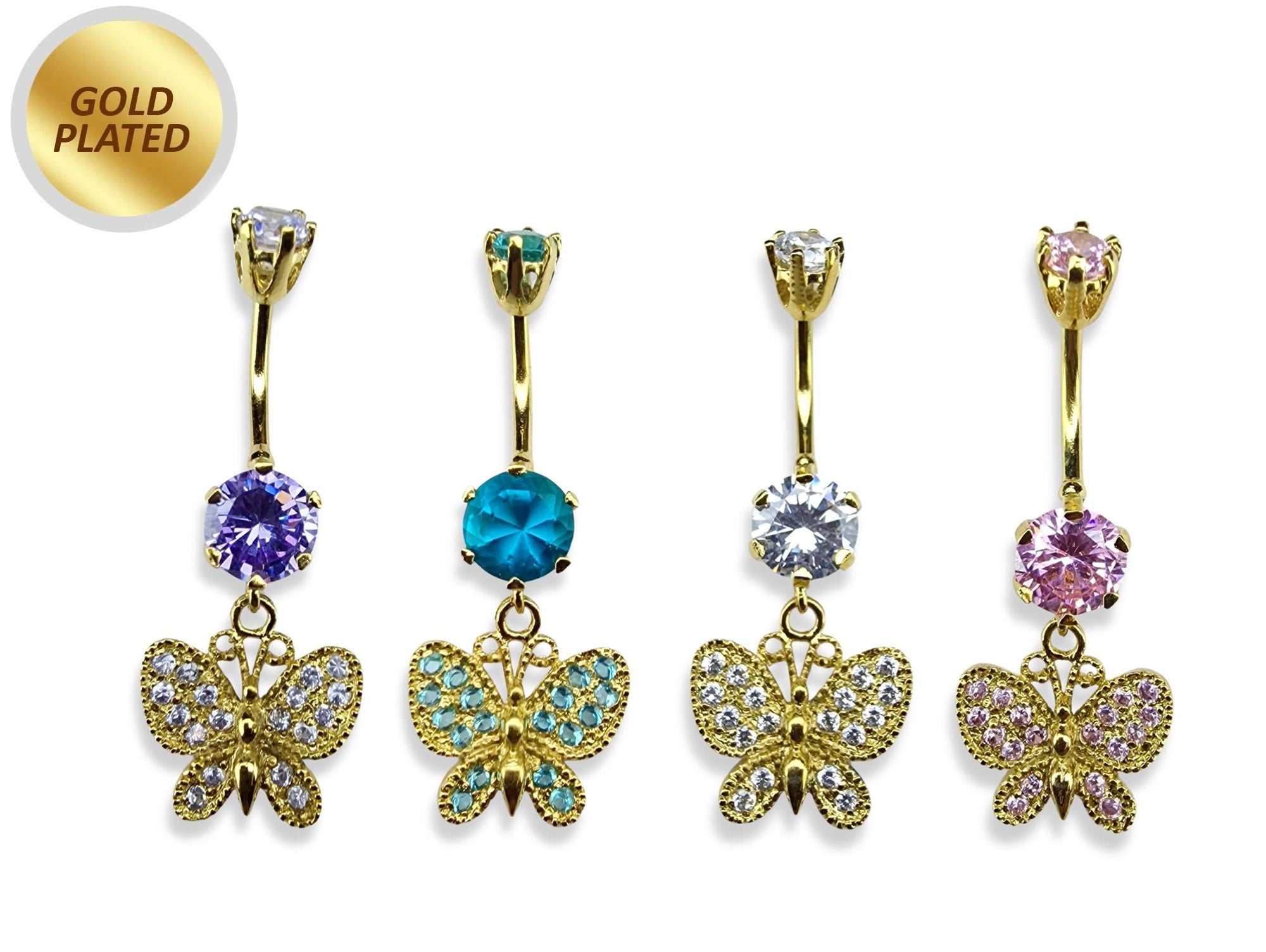 Belly Piercing, Belly Ring - Gold Plated Butterfly Dangle Belly Bar studded with CZ Crystals - 14G length is 10mm