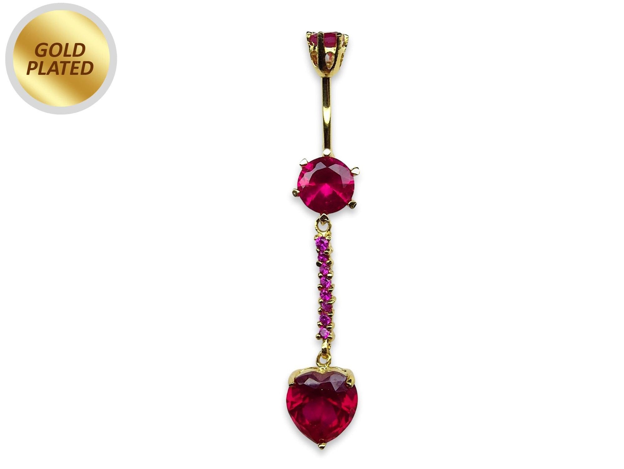 Long Belly Button Ring, Dangle Heart Belly Bar with Crystal Hand Set - Gold Plated Silver Belly Piercing - 14G length is 10mm