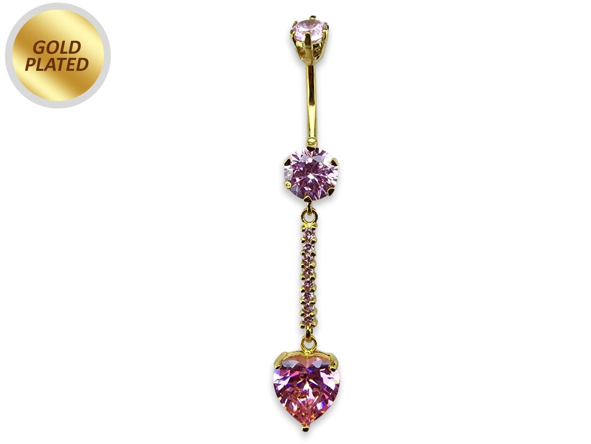 Long Belly Button Ring, Dangle Heart Belly Bar with Crystal Hand Set - Gold Plated Silver Belly Piercing - 14G length is 10mm