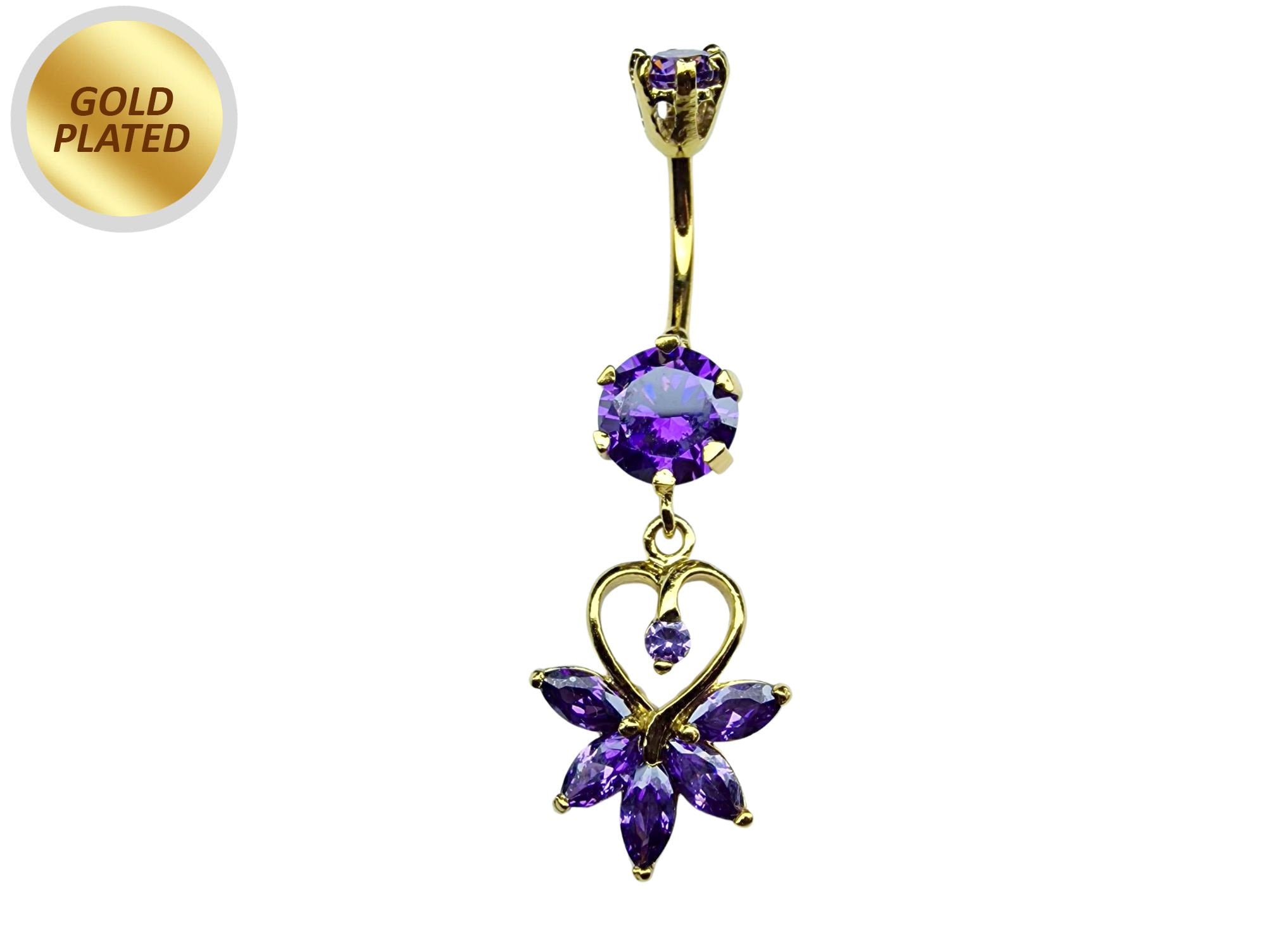 Gold Plated Belly Button Ring - Unique Design Dangly Silver Belly Bar with CZ Crystals - 14G Length is 10mm