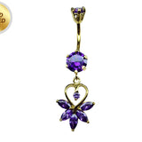 Gold Plated Belly Button Ring - Unique Design Dangly Silver Belly Bar with CZ Crystals - 14G Length is 10mm