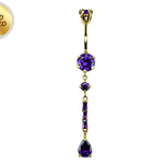 Long Dangly Belly Button Ring, Round Silver Belly Bar with Crystal Hand Set - Gold Plated Belly Piercing - 14G length is 10mm