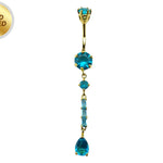 Long Dangly Belly Button Ring, Round Silver Belly Bar with Crystal Hand Set - Gold Plated Belly Piercing - 14G length is 10mm