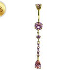 Long Dangly Belly Button Ring, Round Silver Belly Bar with Crystal Hand Set - Gold Plated Belly Piercing - 14G length is 10mm