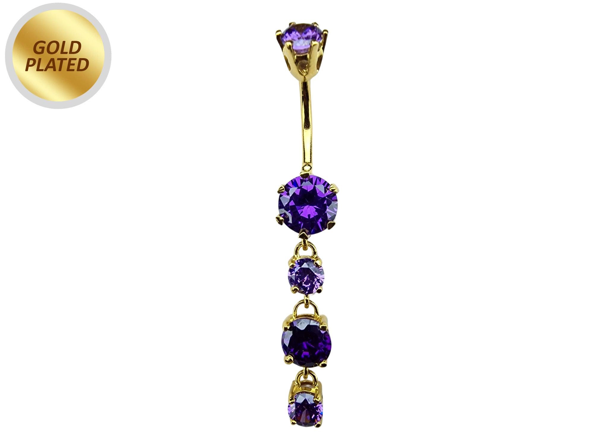 Gold Plated Round Dangle Belly Ring with CZ Crystals - Silver Belly Bars 14G length is 10mm