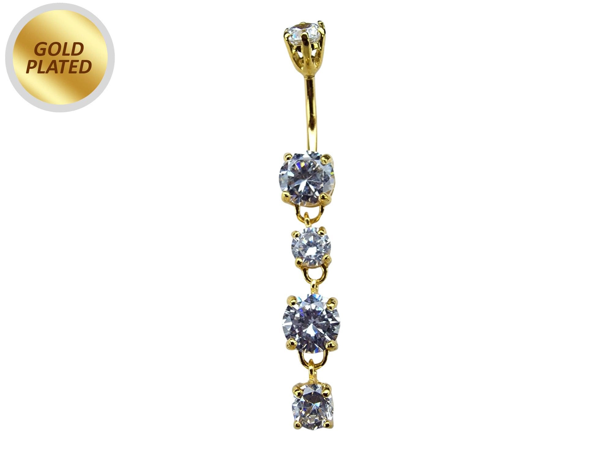 Gold Plated Round Dangle Belly Ring with CZ Crystals - Silver Belly Bars 14G length is 10mm