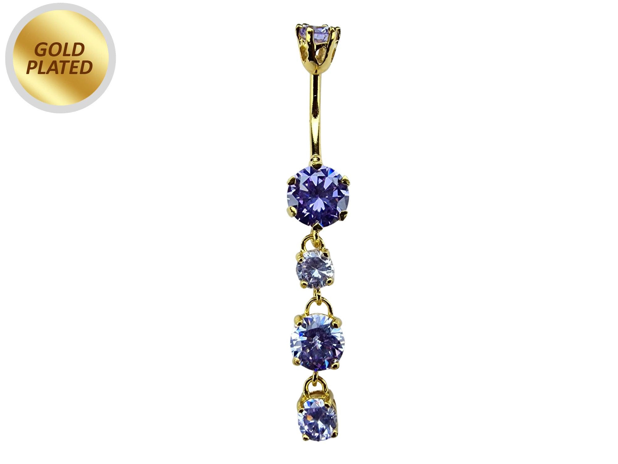 Gold Plated Round Dangle Belly Ring with CZ Crystals - Silver Belly Bars 14G length is 10mm