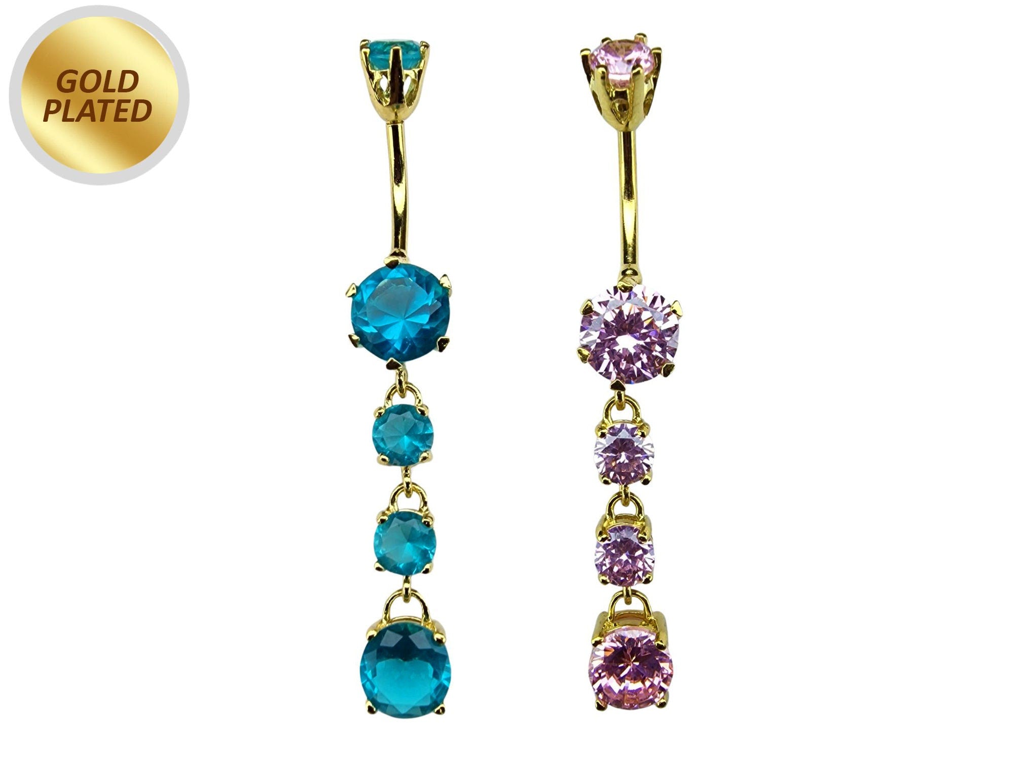 Round Drop Dangle Belly Ring with CZ Crystals -Gold Plated Silver Belly Bars 14G length is 10mm