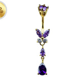 Butterfly Drop Silver Belly Ring - Gold Plated Belly Bars with CZ Crystals - Tear Drop Navel Piercing 14G length is 10mm