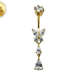 Butterfly Drop Silver Belly Ring - Gold Plated Belly Bars with CZ Crystals - Tear Drop Navel Piercing 14G length is 10mm