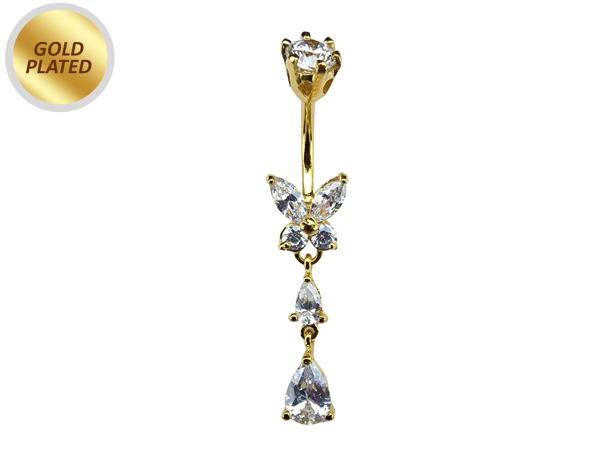 Butterfly Drop Silver Belly Ring - Gold Plated Belly Bars with CZ Crystals - Tear Drop Navel Piercing 14G length is 10mm