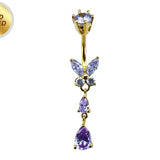 Butterfly Drop Silver Belly Ring - Gold Plated Belly Bars with CZ Crystals - Tear Drop Navel Piercing 14G length is 10mm