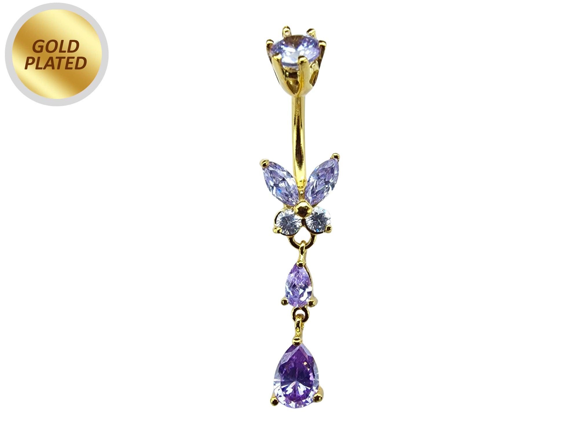 Butterfly Drop Silver Belly Ring - Gold Plated Belly Bars with CZ Crystals - Tear Drop Navel Piercing 14G length is 10mm