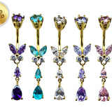 Butterfly Drop Silver Belly Ring - Gold Plated Belly Bars with CZ Crystals - Tear Drop Navel Piercing 14G length is 10mm