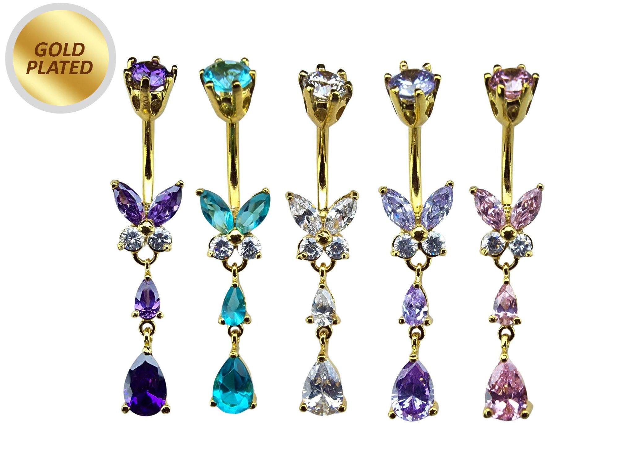 Butterfly Drop Silver Belly Ring - Gold Plated Belly Bars with CZ Crystals - Tear Drop Navel Piercing 14G length is 10mm