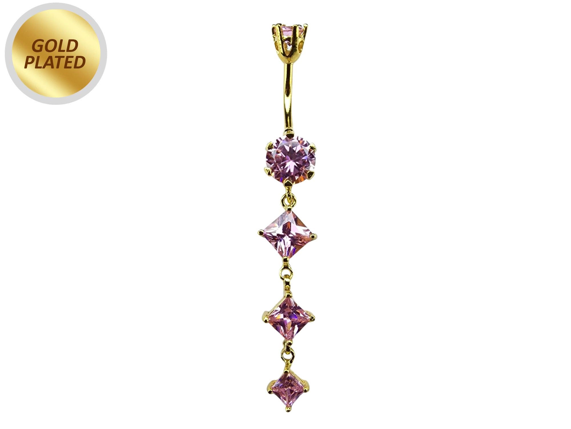 Diamond Shape Dangle Belly Ring - Silver Gold Plated Belly Bar with Crystals - 14G length is 10mm