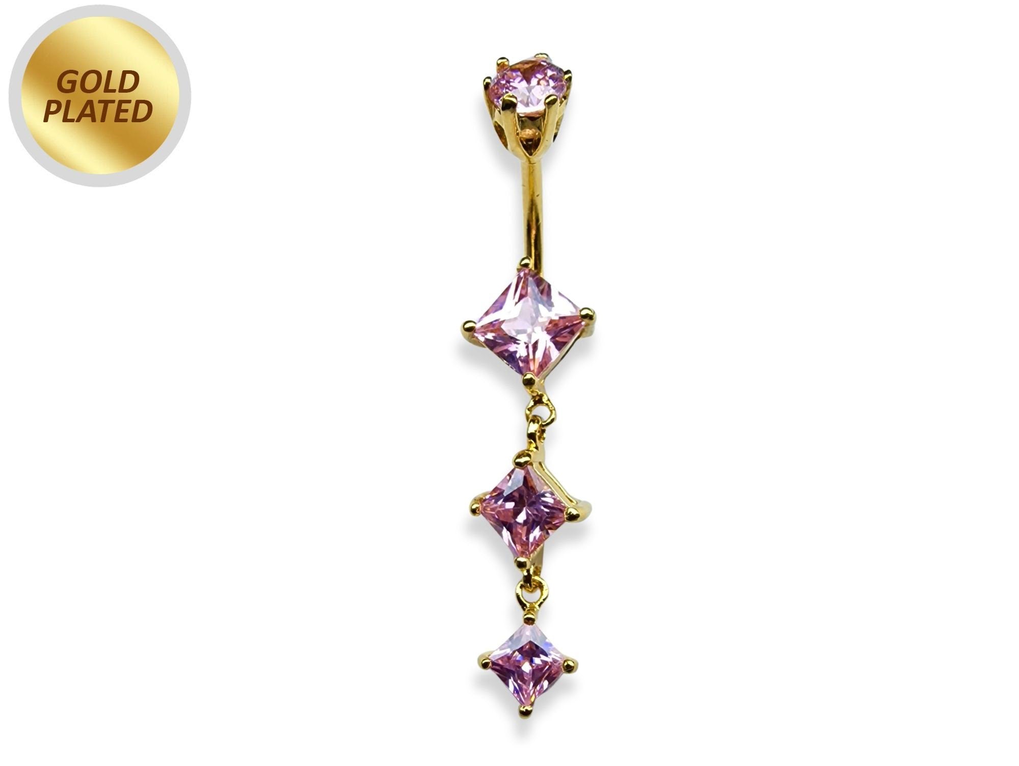 Silver Gold Plated Belly Bar - Dangle Belly Rings with CZ Crystals - 14G length 10mm