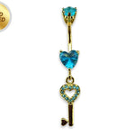 Gold Plated Key Heart Belly Bar Dangle with CZ Crystals - Silver Belly Ring 14G length is 10mm