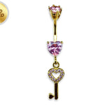 Gold Plated Key Heart Belly Bar Dangle with CZ Crystals - Silver Belly Ring 14G length is 10mm