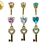 Gold Plated Key Heart Belly Bar Dangle with CZ Crystals - Silver Belly Ring 14G length is 10mm