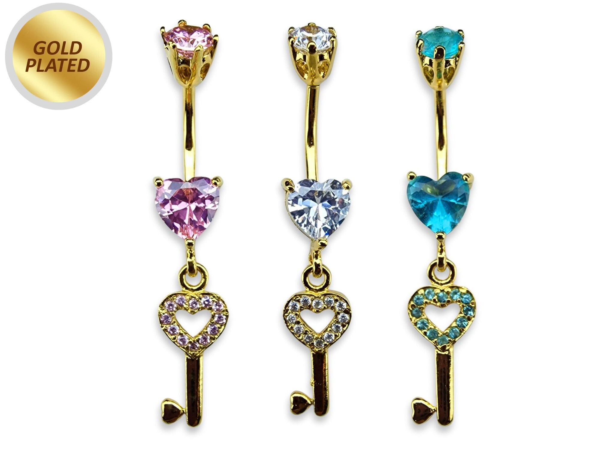 Gold Plated Key Heart Belly Bar Dangle with CZ Crystals - Silver Belly Ring 14G length is 10mm