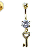 Gold Plated Round Belly Bar with Dangle Key with CZ Crystals - Silver Belly Ring 14G length is 10mm