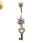 Gold Plated Round Belly Bar with Dangle Key with CZ Crystals - Silver Belly Ring 14G length is 10mm