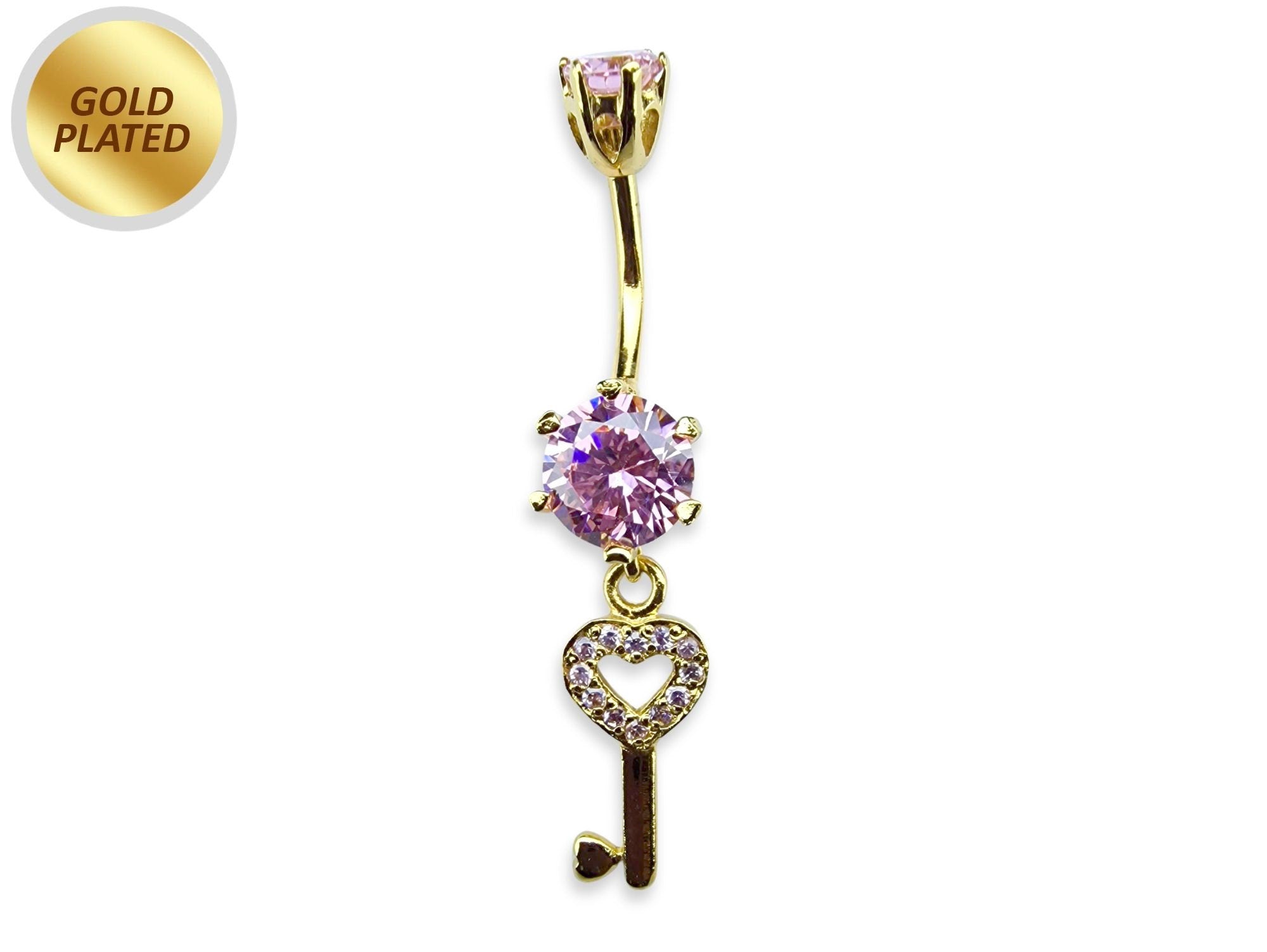 Gold Plated Round Belly Bar with Dangle Key with CZ Crystals - Silver Belly Ring 14G length is 10mm