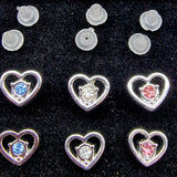 Plastic Post Heart Earrings with CZ Crystals - Retainer Earrings - Hypoallergenic, Nickel Free - 3 Pairs + Gift Box