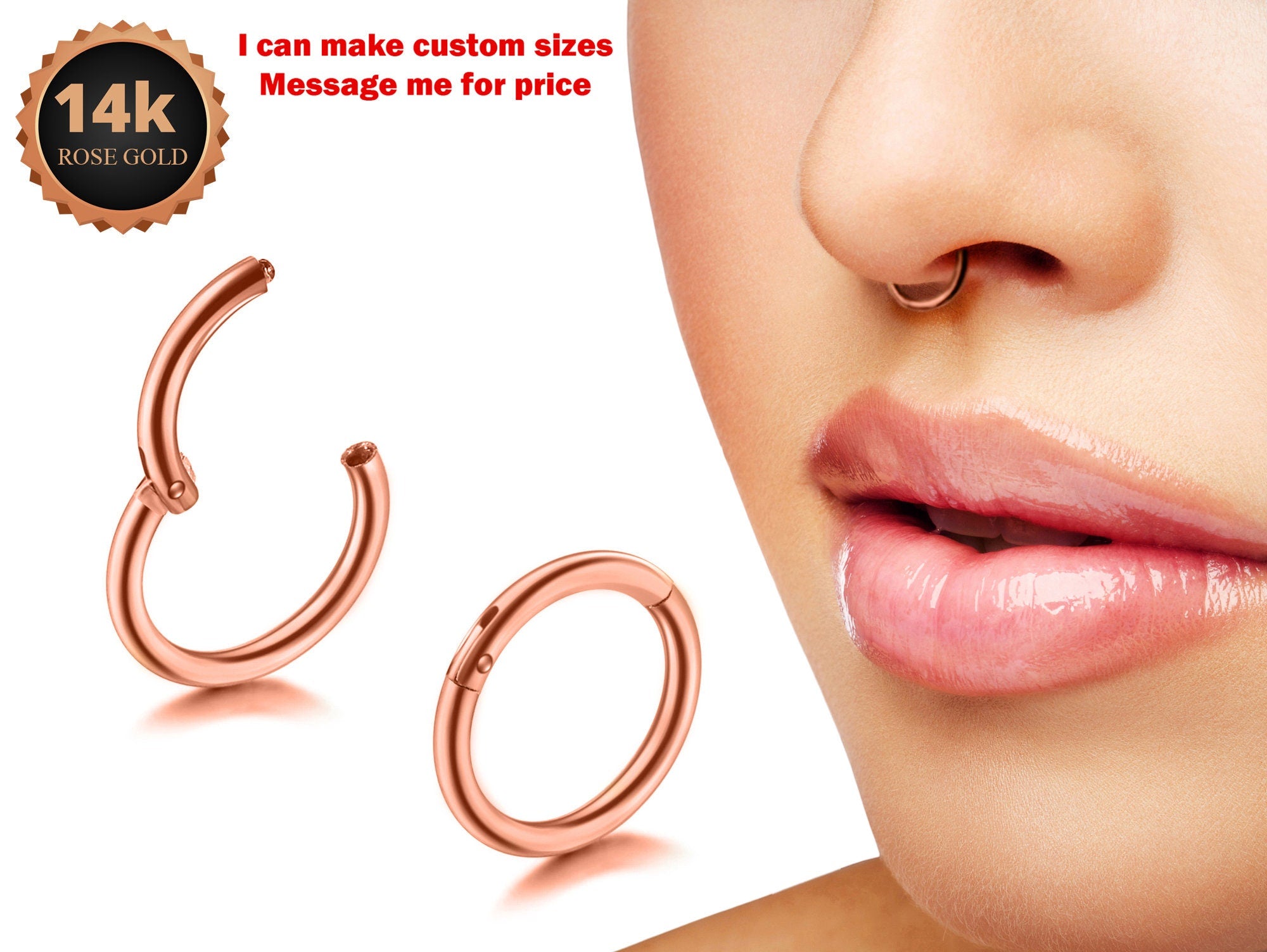 14K Rose Gold Clicker Hoops Nose Ring, Lip Piercing Hinged Ring - Clicker Hoops Body Jewellery Ring - Solid 14K Gold Piercings