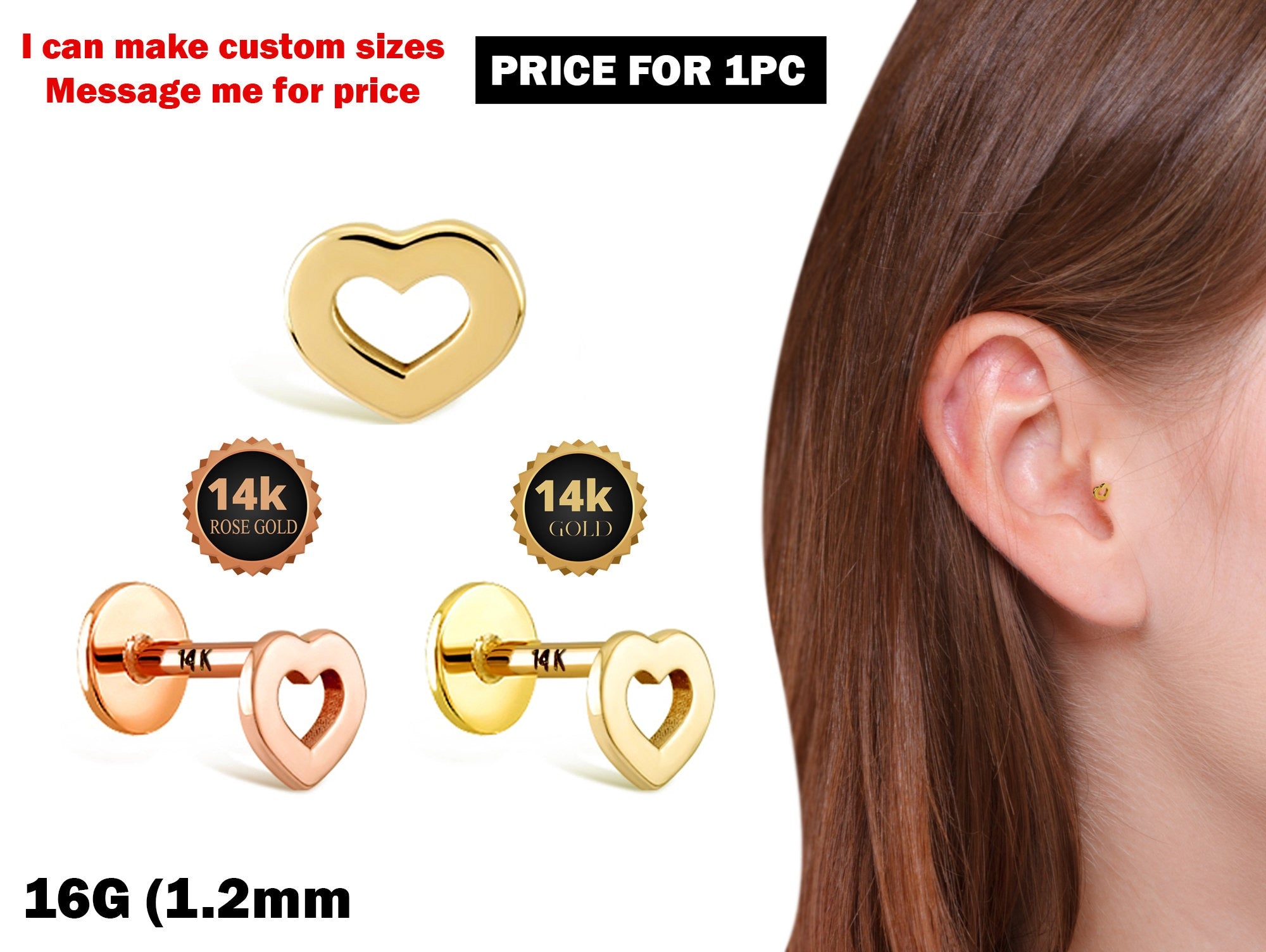 16G Heart Labret Lip Piercing made from solid 14K Gold and Rose Gold Body Piercing for Tragus, Medusa Lip, Ashley studs Internally Threaded