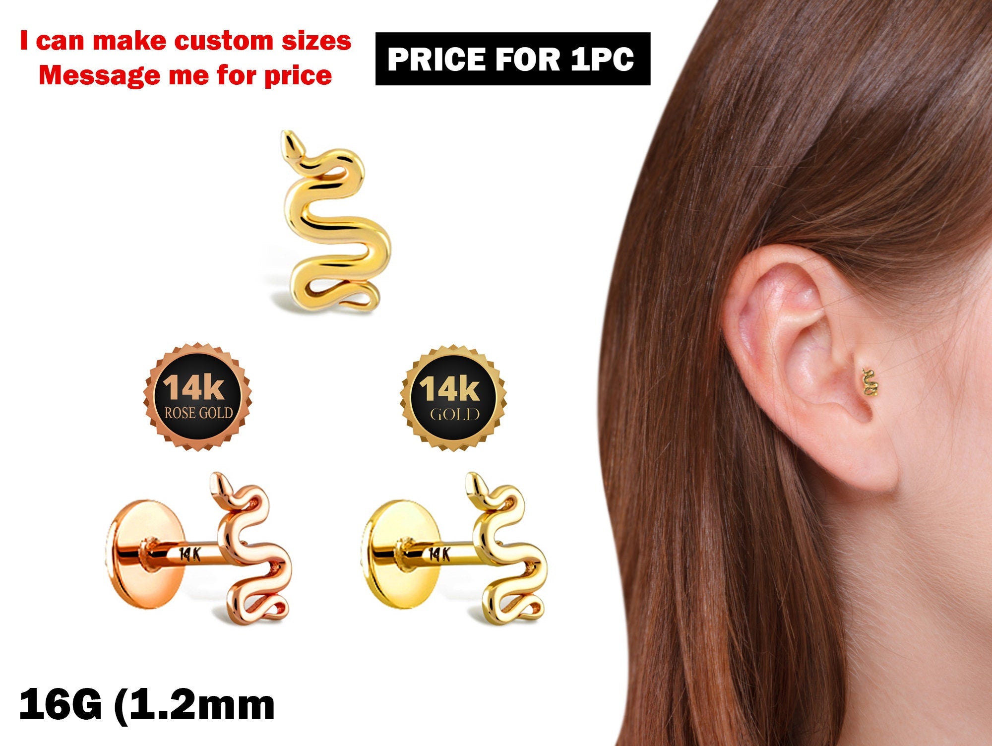 16G Snake Labret Lip Piercing made from solid 14K Gold and Rose Gold Body Piercing for Tragus, Medusa Lip, Ashley studs Internally Threaded