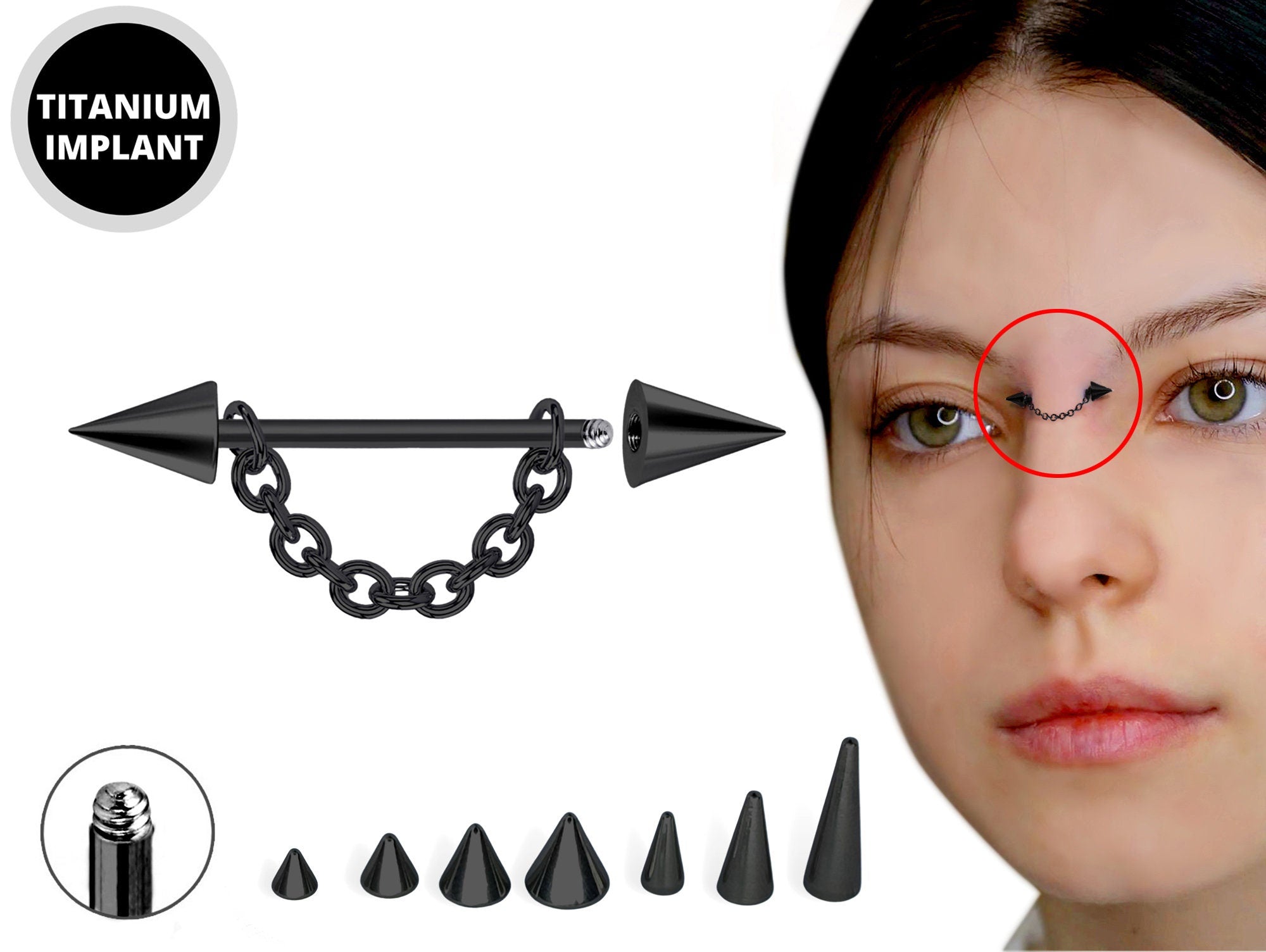 Black Cone / Spike Nose Bridge Barbell Upper Nose Piercing with Steel Chain - 18G 16G 14G Straight Barbell - Choose Spike and Cone Size