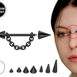 Black Cone / Spike Nose Bridge Barbell Upper Nose Piercing with Steel Chain - 18G 16G 14G Straight Barbell - Choose Spike and Cone Size