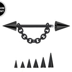 Black Cone / Spike Nose Bridge Barbell Upper Nose Piercing with Steel Chain - 18G 16G 14G Straight Barbell - Choose Spike and Cone Size