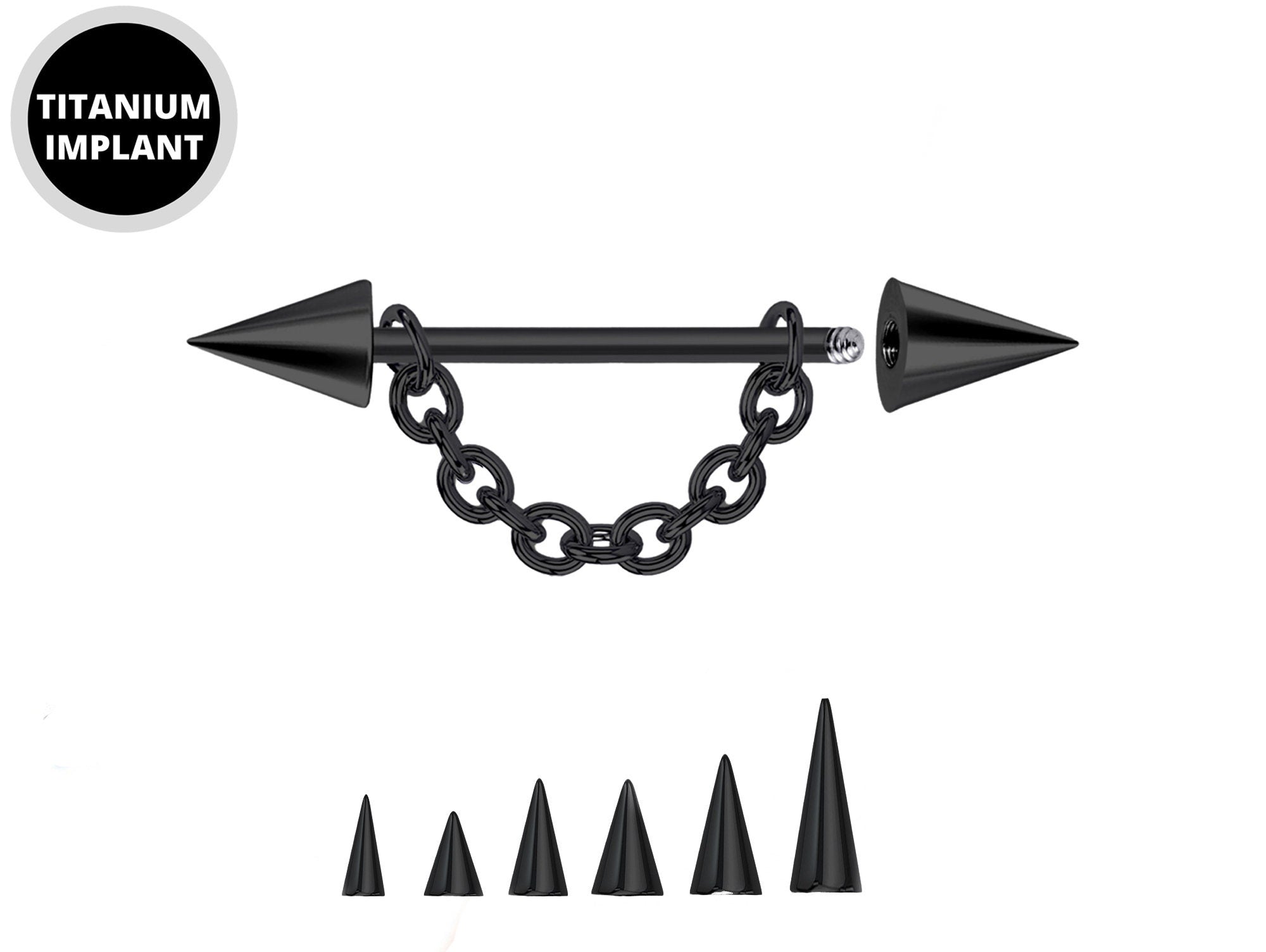 Black Cone / Spike Nose Bridge Barbell Upper Nose Piercing with Steel Chain - 18G 16G 14G Straight Barbell - Choose Spike and Cone Size