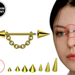 Gold Cone / Spike Nose Bridge Barbell Upper Nose Piercing with Steel Chain - 18G 16G 14G Straight Barbell - Choose Spike and Cone Size