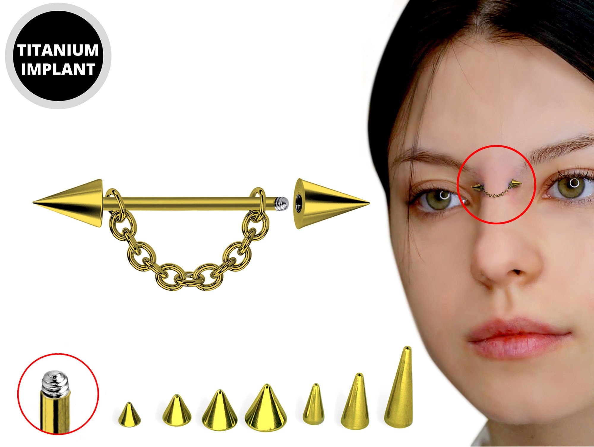 Gold Cone / Spike Nose Bridge Barbell Upper Nose Piercing with Steel Chain - 18G 16G 14G Straight Barbell - Choose Spike and Cone Size