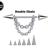 Cone / Spike Nose Bridge Barbell Upper Nose Piercing with Double Chain - 20G 18G 16G 14G Straight Barbell - Choose Spike and Cone Size