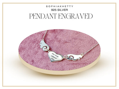 Sterling Silver Engraved Heart Wing Pendant Necklace - Personalize it with your Text Word, Letters, Quotes or Image - Ideal Gift
