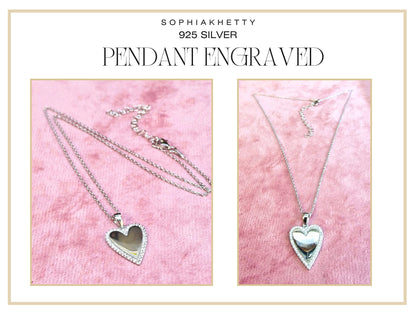 Sterling Silver Personalized Heart Engraved Pendant surrounded with CZ Crystals - Personalise it with your Message or Image - Ideal Gift