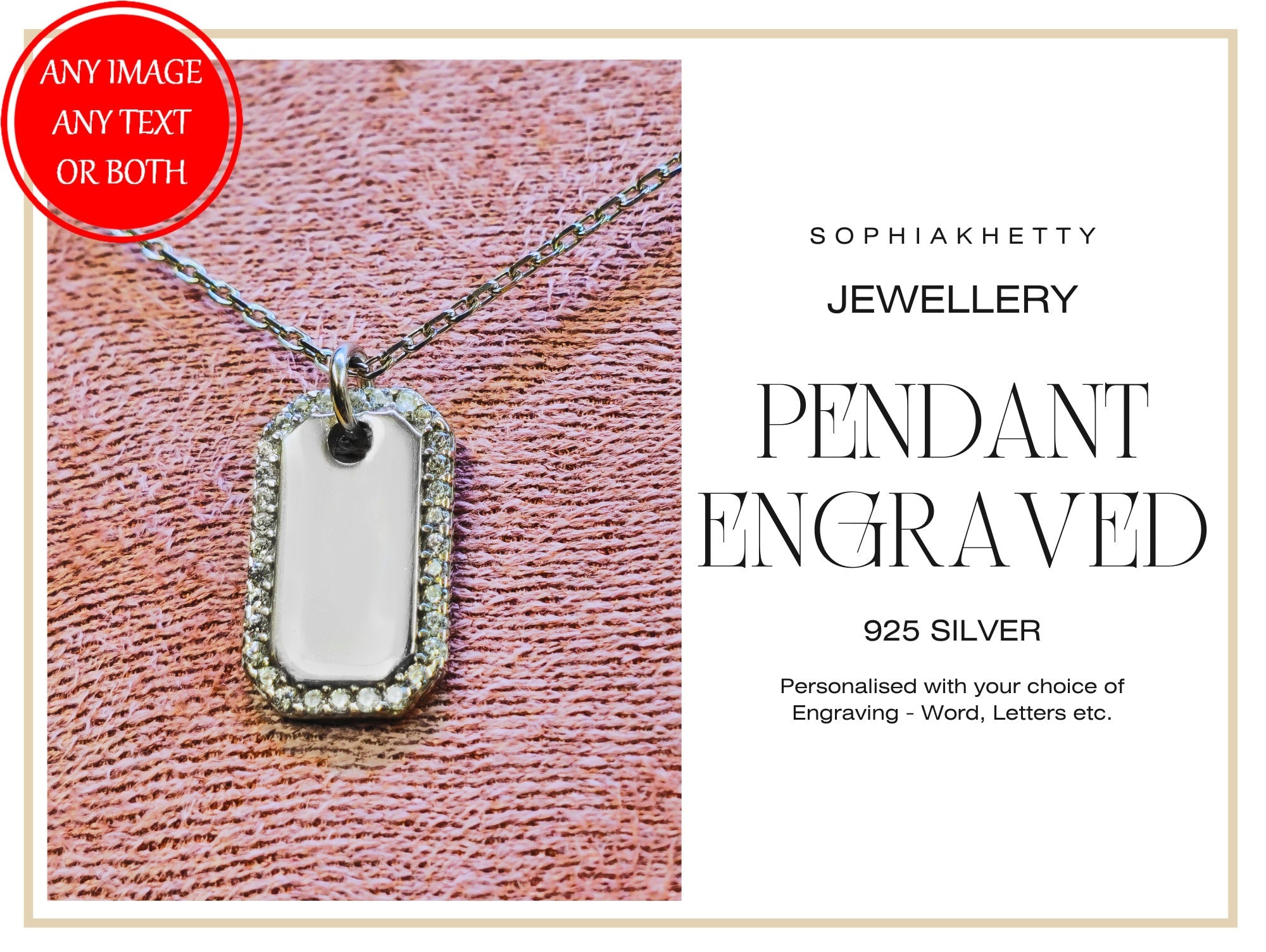 Personalised Engraved Elegant Silver Pendant and Chain Necklace with CZ Crystals - Personalize it with your Message or Image - Army Tag