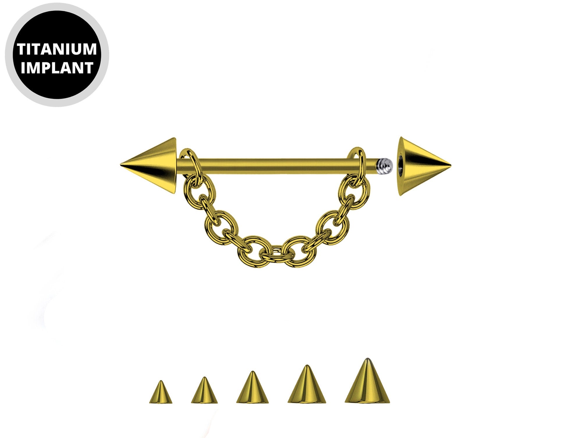 Gold Cone / Spike Nose Bridge Barbell Upper Nose Piercing with Steel Chain - 18G 16G 14G Straight Barbell - Choose Spike and Cone Size