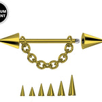 Gold Cone / Spike Nose Bridge Barbell Upper Nose Piercing with Steel Chain - 18G 16G 14G Straight Barbell - Choose Spike and Cone Size