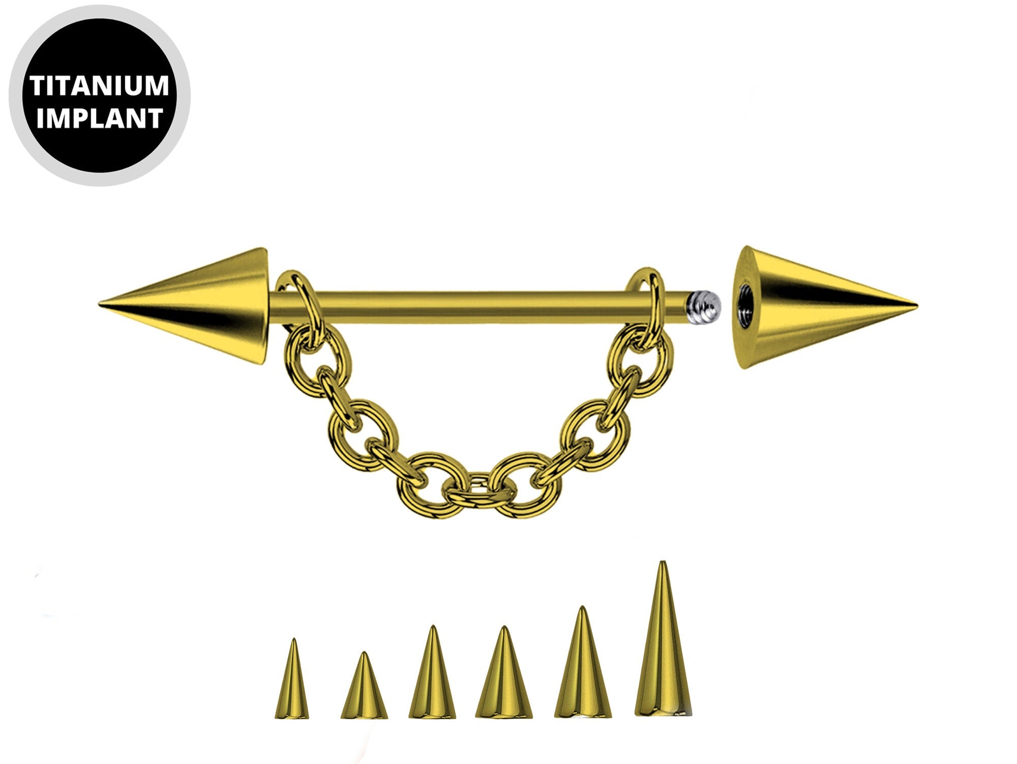 Gold Cone / Spike Nose Bridge Barbell Upper Nose Piercing with Steel Chain - 18G 16G 14G Straight Barbell - Choose Spike and Cone Size