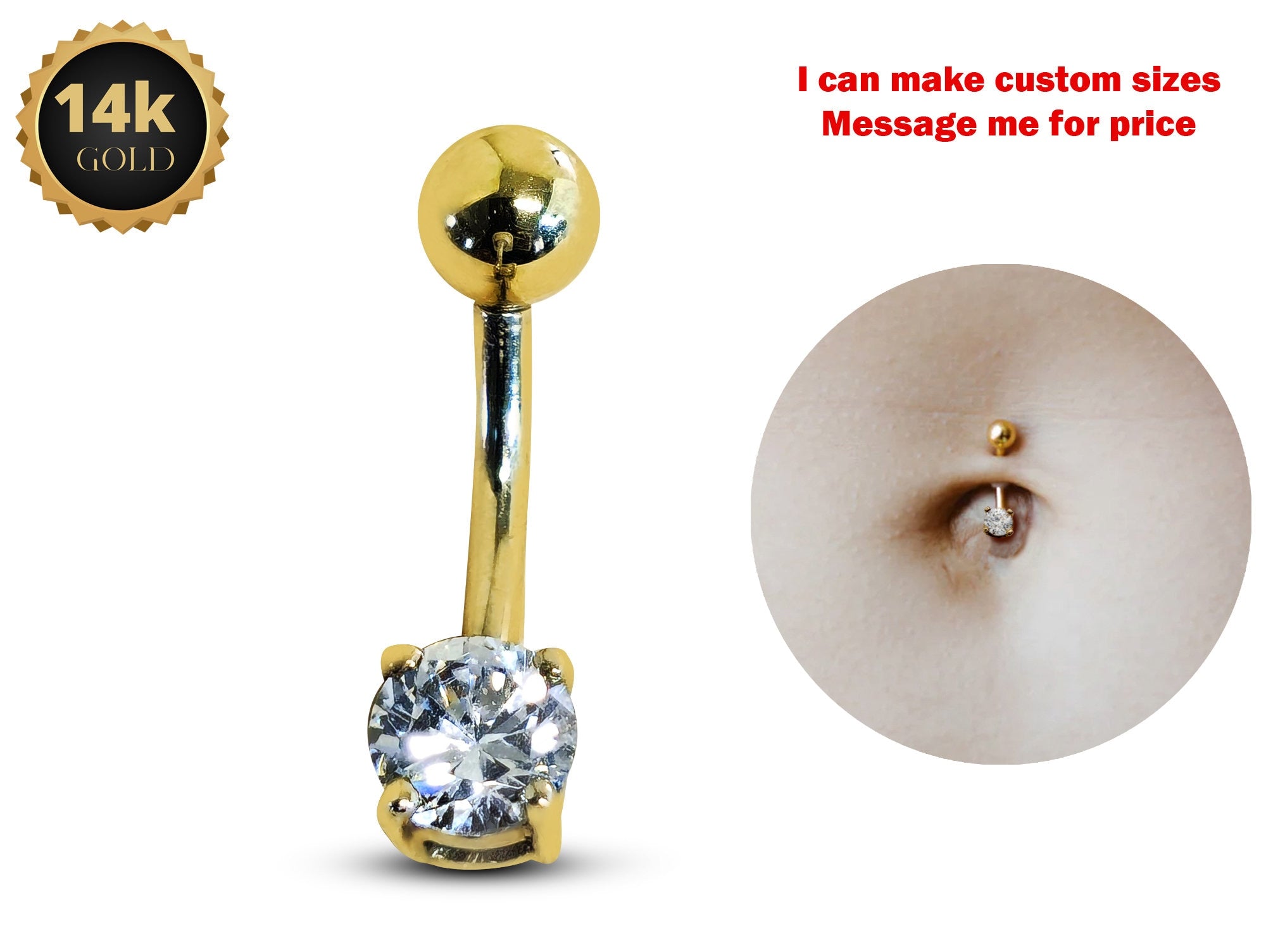 14K Solid Gold Belly Bar ,Belly Button Ring with Crystal Belly Ring - Hand Set and Hand Polished - Gold Body Jewellery