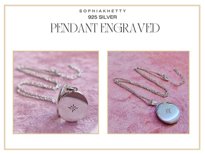 Sterling Silver Engraved Locket Pendant Necklace with CZ Gem Bling Star - Oval Shape - Put your Personalized Text Word, Letters or Quote