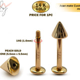 14K Gold Cone Labret Stud Lip Jewellery - 14G Labret Piercing, Lip Ring, Lip Stud, Tragus Earring with Peach Gold Cone